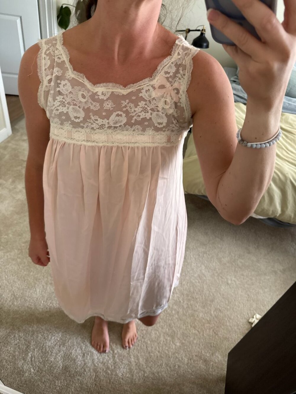 Vintage Christian Dior Pale Pink Chemise Nightgown with Lace Yoke - Picture 2 of 6